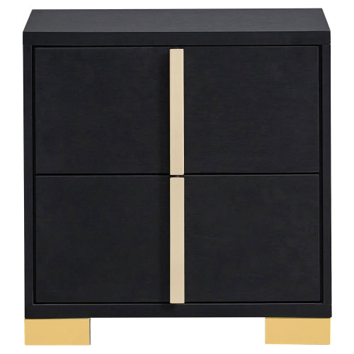 Black 2-Drawer Nightstand with Gold Accents, Modern Art Deco Bedside Table