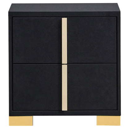 Black 2-Drawer Nightstand with Gold Accents, Modern Art Deco Bedside Table