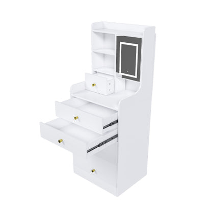 White 3-in-1 Dressing Table with LED Mirror & Storage Stool, 4 Drawers, Storage Cabinet, Open Bookshelf