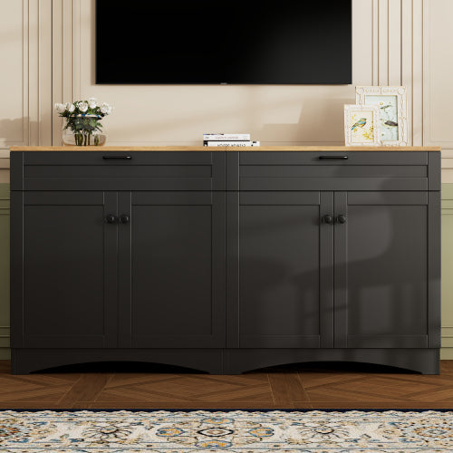 Black Farmhouse Wood Grain Top TV Stand With 2 Drawers For 70 Inch TV