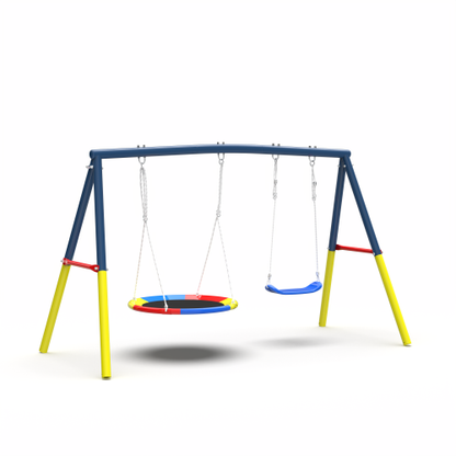 Swing Set for Backyard, 330lbs Swing Set with Heavy-Duty A-Frame Metal Outdoor Swing Stand, 1 Saucer Swing Seat & 1 Belt Swings Seat
