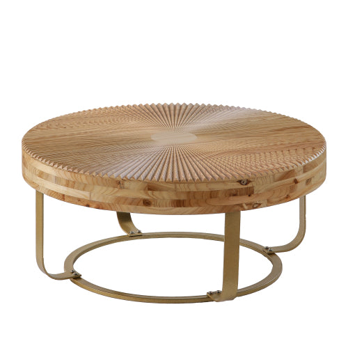 Round Wood Coffee Table Gold Metal Legs Carved Pine Accent Living Room Table