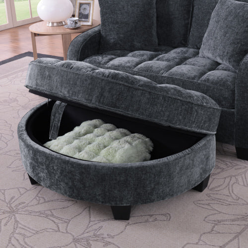 Black 2-Seater Irregular Curved Sofa Chaise, Storage Footrest,2 Throw Pillows