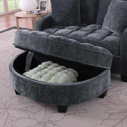 Black 2-Seater Irregular Curved Sofa Chaise, Storage Footrest,2 Throw Pillows