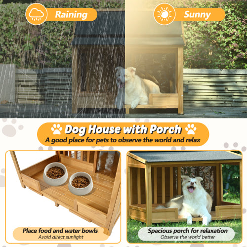 60.2inch Large Wooden Dog House with Porch Cabin Style Dog Crate with Asphalt Roof Nature