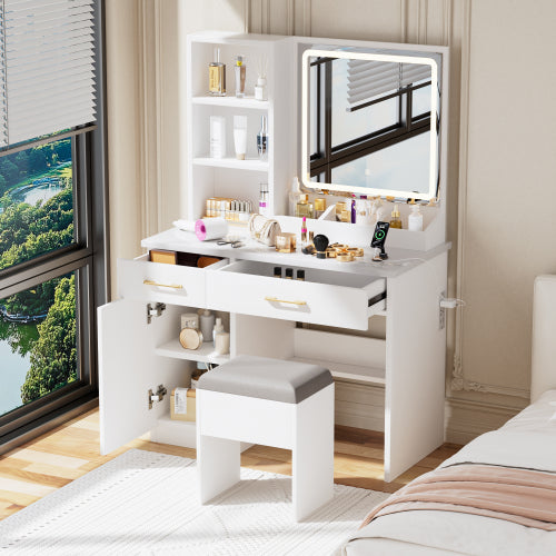 White Vanity Desk with Mirror & Lights, Power Outlet, 3 Lighting Modes, Cabinet Drawers, Shelves & Storage Stool