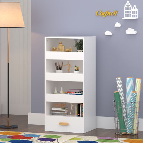 4-Tier Bookshelf with Sliding Drawers and Bottom Drawer