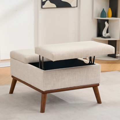31 inch Beige Mid-Century Modern Rectangle Storage Ottoman, High Leg Lift-Top Coffee Table for Living Room Office