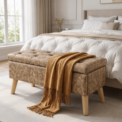 32 Inch Wide Square Storage Ottoman Bench with Built-in Tray, Upholstered Footrest, Multi-Functional End of Bed Bench