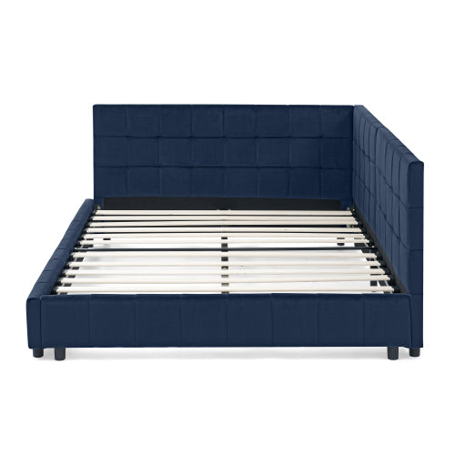 Full Size Upholstered Tufted  Bed Frame, Sofa Bed Frame with Comfortable Backrest and Armrests, Full Size Bed for Bedroom, Living Room,Velvet, Dark blue(80.5inch *59inch *30.5inch )
