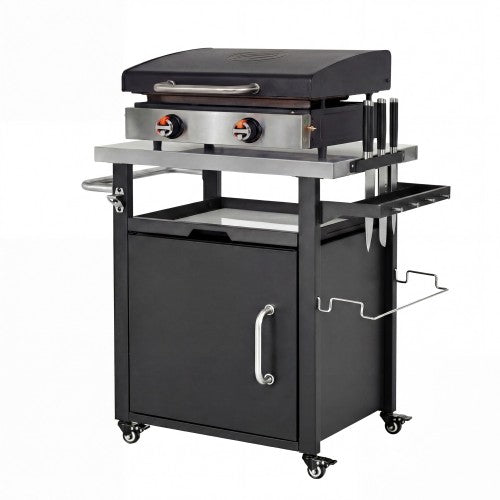 39.5 inch Outdoor Grill Cart with Storage Cabinet, Outdoor Bar Cart Pizza Oven Table with Wheels, Stainless Steel Top, Outdoor Kitchen Island with Spice & Paper Rack for BBQ, Waterproof Cover Included