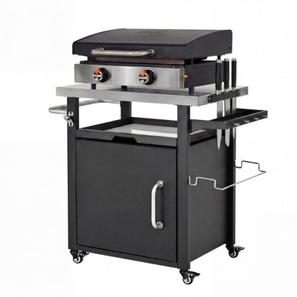 39.5 inch Outdoor Grill Cart with Storage Cabinet, Outdoor Bar Cart Pizza Oven Table with Wheels, Stainless Steel Top, Outdoor Kitchen Island with Spice & Paper Rack for BBQ, Waterproof Cover Included