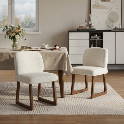 Set of 2 Beige Boucle Fabric Dining Chairs, Curved Wood Leg Multi-Material Frame 300lbs Capacity