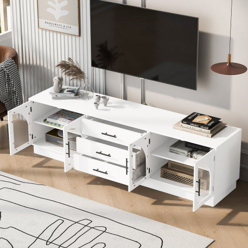 68.9 Inch Minimalist MDF TV Stand Arched Glass Doors 3 Drawers 2 Cabinets for TVs Up To 75 Inch