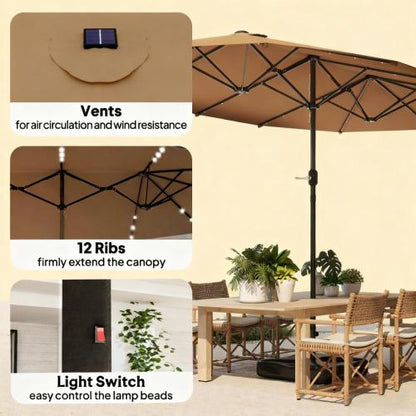 Double-Sided Parasol,Parasol Double-Sided Sun Umbrella with Base,Patio Parasol with LED Solar Lights