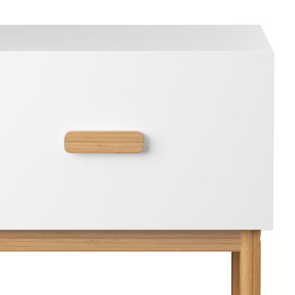 Modern White Nightstand with Drawer and Wood Legs, Minimalist Bedside Table with Handle for Bedroom, Living Room, Apartment