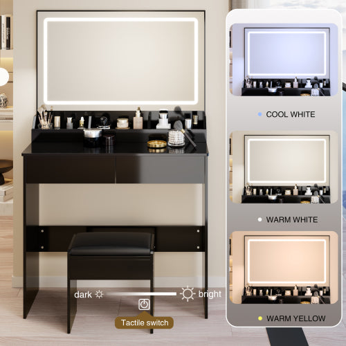 31" x 20" Extra Large LED Mirror Makeup Vanity Table + Soft Cushion Stool Suit, Touch Switch, 3 colors, Adjustable Brightness, Large Capacity Storage, Compact Dressing Table Suitable For Small Space