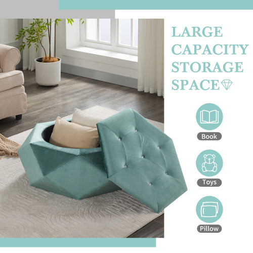34 inch Green Polygon Velvet Storage Ottoman, Diamond Tufted Upholstered Footrest for Living Room & Bedroom Storage