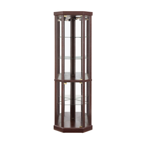 Dark Cherry Corner Lighted Glass Display Cabinet Adjustable Shelf Magnetic Closure Home Wine Collectibles Showcase
