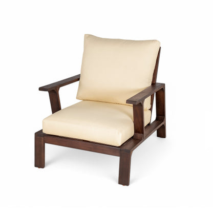 Patio Accent Chair 27.6" Wood Chair Outdoor Lounge Chair for Patios, Gardens, or Balcony, Dark Brown +Beige Cushion