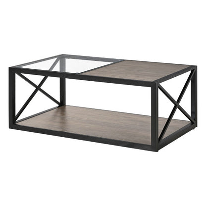 39.37inch  Industrial Coffee Table, Tempered Glass & Wood Grain MDF, X-Frame Metal Base, 220lbs Capacity