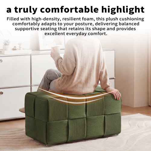Green Square Corduroy Woven Ottoman, 300 LBS Engineered Wood Frame No-Assembly Vanity Foot Stool