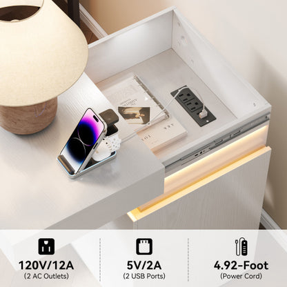 White Sliding-Top Nightstand with Charging Station & RGB LED Light, 3-Drawer APP Control Bedside Table