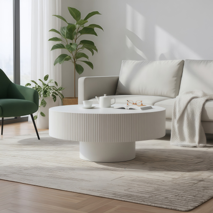White Round Fluted Pedestal Coffee Table, Mid-Century Modern