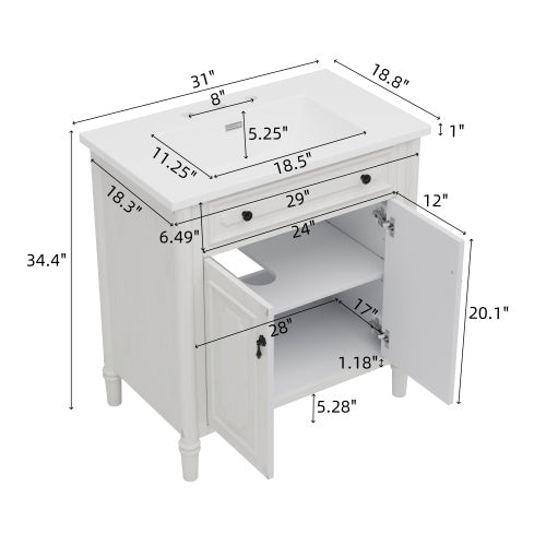 31" Vintage Bathroom Vanity with Sink, Faux Aged Finish, Rustic Bathroom Cabinet with Soft Close Doors and Adjustable Shelf, Curved Profile Design, Rubber Wood Legs, White