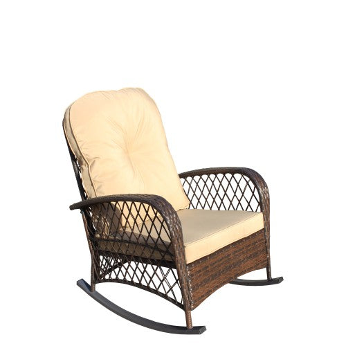 Outdoor Wicker Rocking Chair with Wide Seat, Thick, Soft Cushion, Rattan Rocker w/Steel Frame, High Weight Capacity for Patio, Garden, Backyard, Shallow brown Cushion