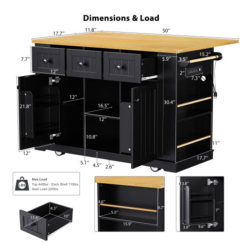 53inch Large Kitchen Island with Drop Leaf, Power Outlet, Door Internal Storage Rack, Rolling Kitchen Cart on 5 Wheels with 5 Open Side Racks for Kitchen, Dining Room,Black(Not include bar stools)