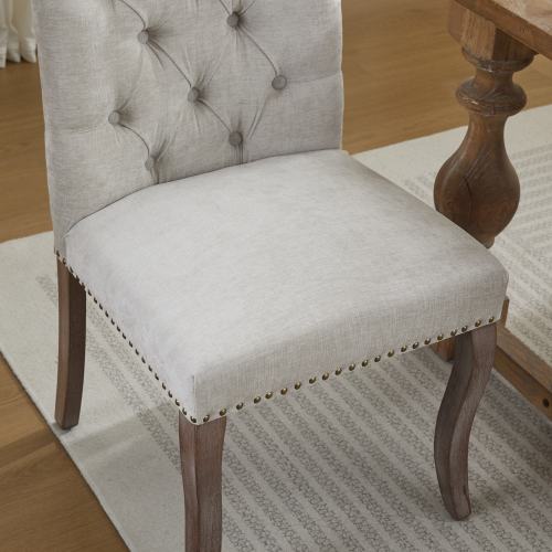 Upholstered Chenille Dining Chair Set of 2, Tufted Accent Chair with Curved Solid Wood Legs, Beige