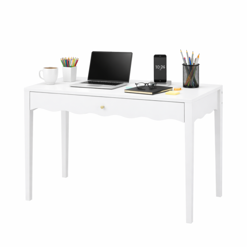 White 35.43inch  Vanity Desk with Drawer ¨C Modern Makeup Table with Scalloped Front & Gold Knob, Compact Writing Desk with 4 Sturdy Legs for Bedroom, Small Home Office & Apartment Spaces