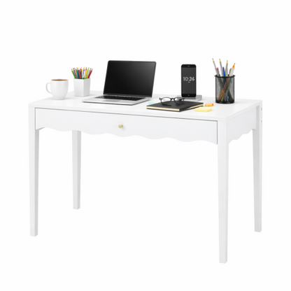 White 35.43inch  Vanity Desk with Drawer ¨C Modern Makeup Table with Scalloped Front & Gold Knob, Compact Writing Desk with 4 Sturdy Legs for Bedroom, Small Home Office & Apartment Spaces