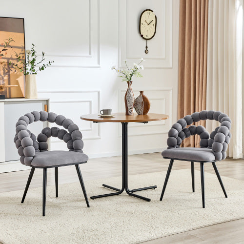 2 Pack Grey Bubble Pebble Tufted Dining Chairs, Velvet Accent Chairs with Matte Black Metal Legs