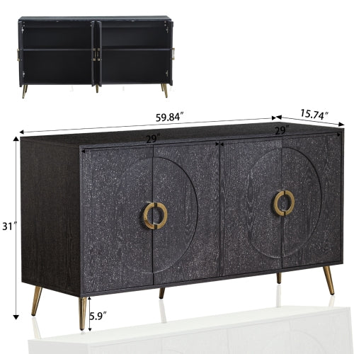 Distressed Black Modern Lacquered 4-Door Wooden Sideboard MDF Metal Leg Adjustable Shelf Home Storage Cabinet