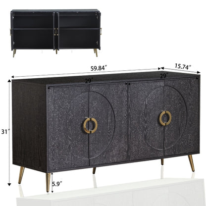 Distressed Black Modern Lacquered 4-Door Wooden Sideboard MDF Metal Leg Adjustable Shelf Home Storage Cabinet