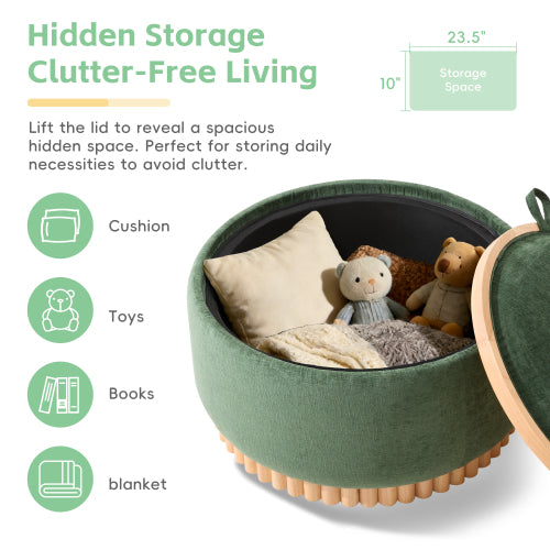 29 Inch Green Chenille Round Storage Ottoman, Reversible Tray Lid Ottoman with Rubberwood Base, No Assembly Needed