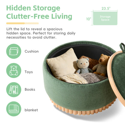 29 Inch Green Chenille Round Storage Ottoman, Reversible Tray Lid Ottoman with Rubberwood Base, No Assembly Needed