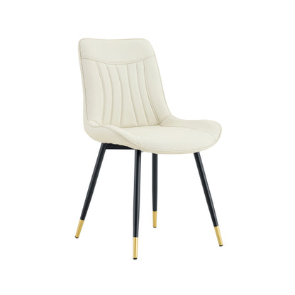 Set of 2 White Leathaire Tech Fabric Dining Chairs, Black Semi-Gloss Metal Leg Gold Trim Adjustable Non-Slip Feet Vertical Stitch High Back