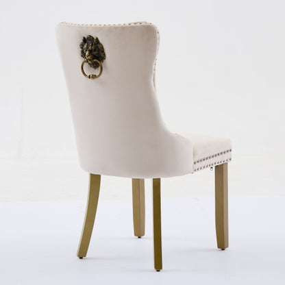Mid-Century Modern Velvet Dining Chairs Set of 2 with Lion Head Pull Ring, Tufted Upholstered Chair, Beige