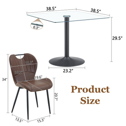 5-Piece Square Glass Dining Set, Single-Column Metal Table & 4 Brown PU Handle Chairs