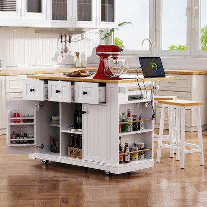 53inch Large Kitchen Island with Drop Leaf, Power Outlet, Door Internal Storage Rack, Rolling Kitchen Cart on 5 Wheels with 5 Open Side Racks for Kitchen, Dining Room,White(Not include bar stools)