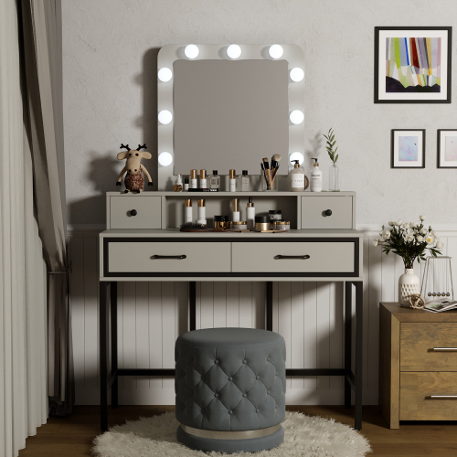 Brown Vanity Desk with Hollywood Mirror & Lights, 3 Color Dimmable 10 Brightness Levels, 4 Drawers, Large Dressing Table, White