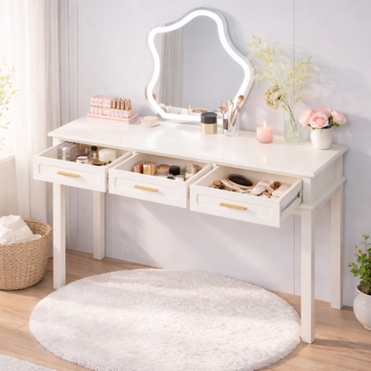 Cream White Vanity Desk with 3 Drawers, Modern Makeup or Writing Desk, Multipurpose Dressing Table for Bedroom, No Mirror Included