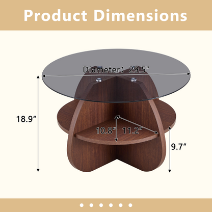 Round Coffee Table with Gray Tempered Glass Top & Fan-Shaped Storage