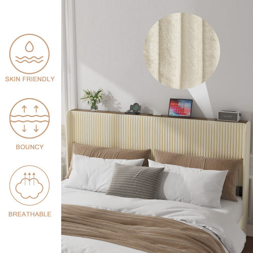 King Size Platform Bed , Metal Bed Frame with Charging Station, No Box Spring Needed, (Beige), Noise Free,Easy Assemble.