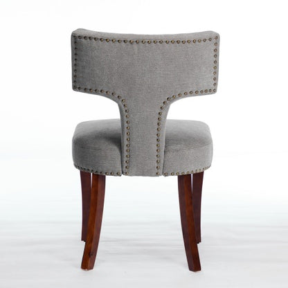 Set of 2 Gray Linen Mid-Century Farmhouse Dining Chairs, Copper Nail Curved Back Walnut Solid Wood Legs 300lbs Capacity