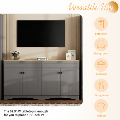 Grey Farmhouse Multi-functional TV Console With Drawers Adjustable Storage Sideboard
