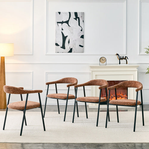 Fabric Upholstered Dining Chairs with Black Metal Legs, Set of 4, Caramel